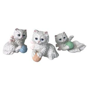 Set of 3 Homco White Kittens Playing with Yarn Figures, Ceramic, Made Sri Lanka